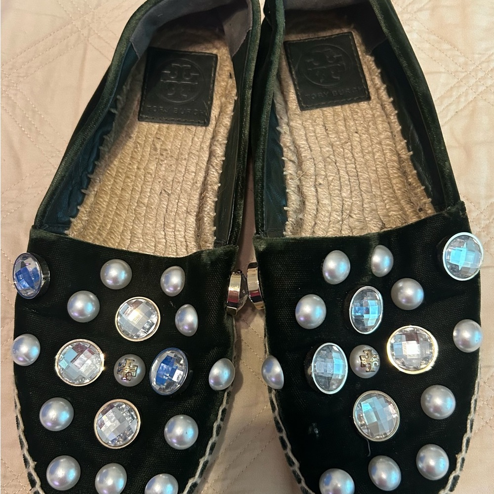 Tory Burch Dark Green Embellished Espadrilles